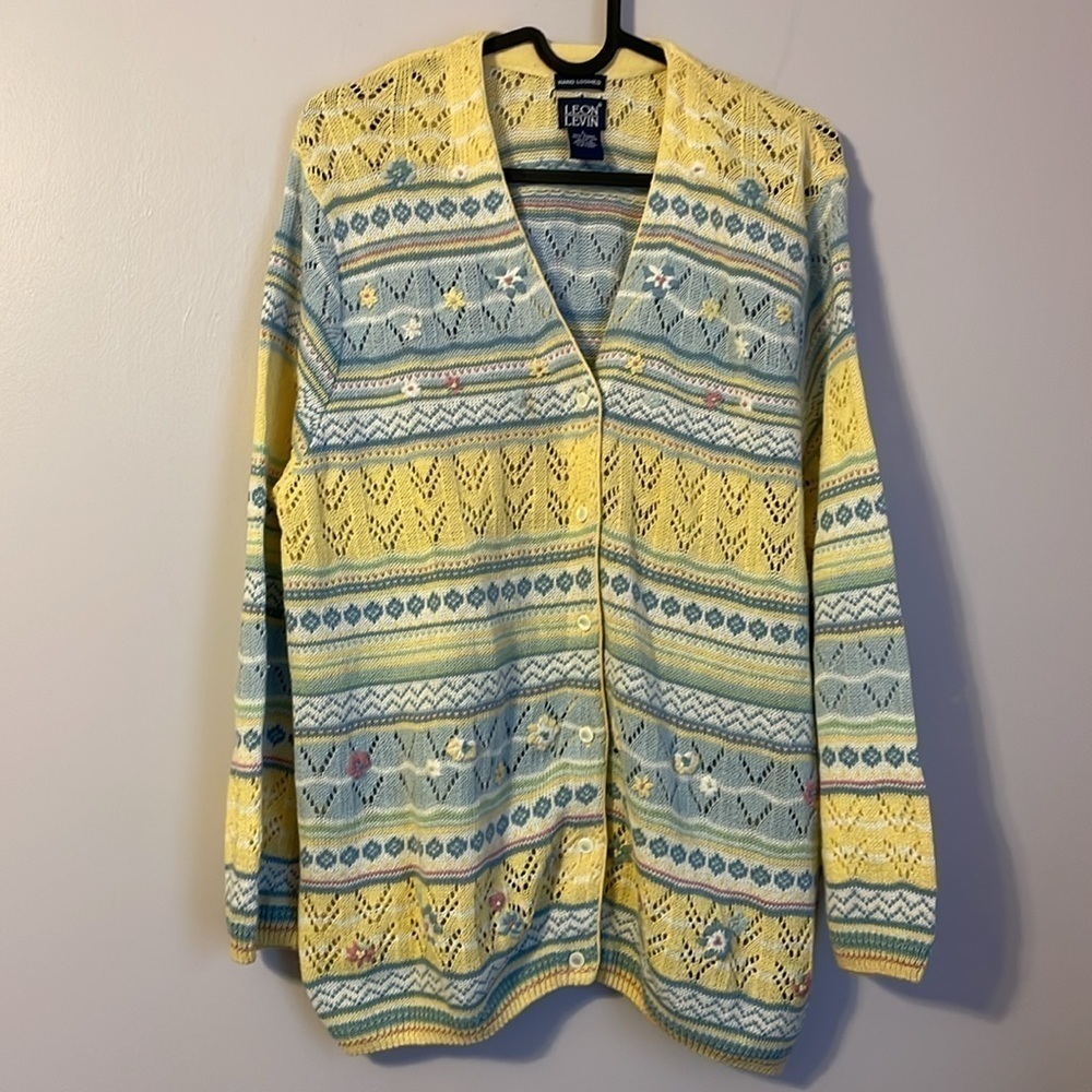 Leon Levin Hand Loomed Vintage Spring Pastel Floral Knit Cardigan size L